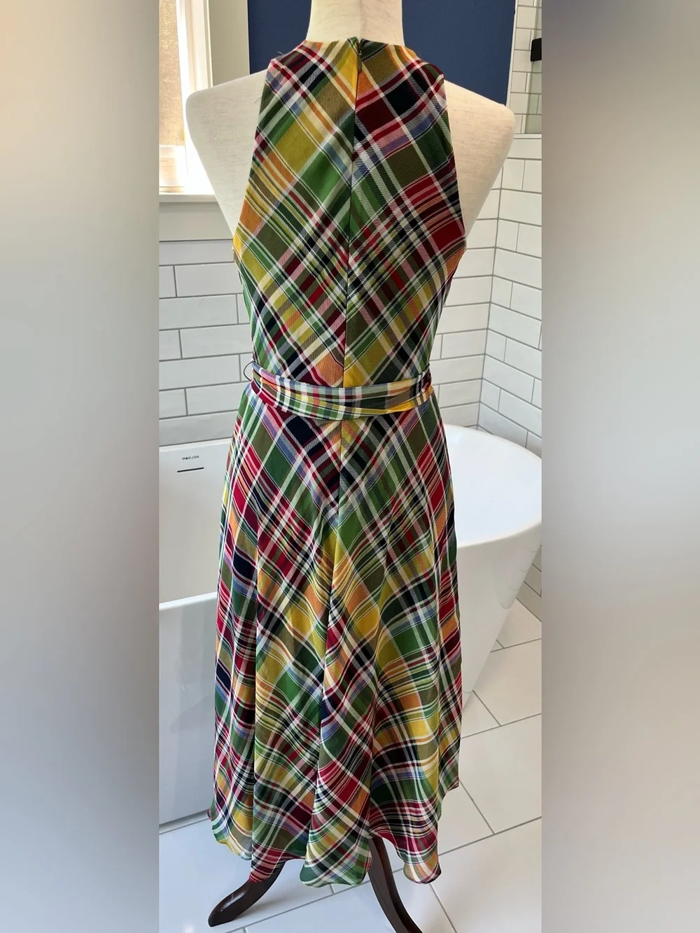 Lauren Ralph Lauren One-Shoulder Plaid Midi Dress in Green, Yellow and Red - Picture 9 of 10